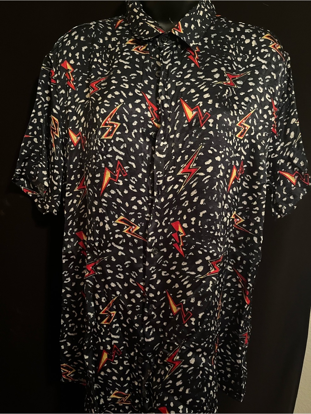 Zara Black Short-Sleeve Button-Down Shirt with Red & Yellow Lightning Print